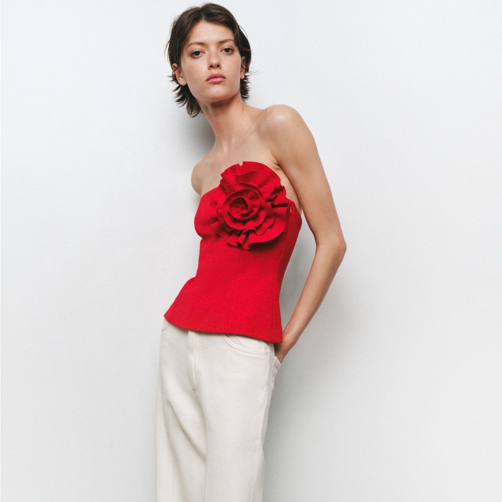 Zara Red Strapless Top with Floral Detail. New with tags!